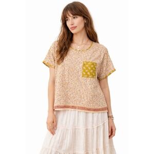 Madewell Floral Boho Top Large Button Back Contrast Pocket Boarder Print Boxy